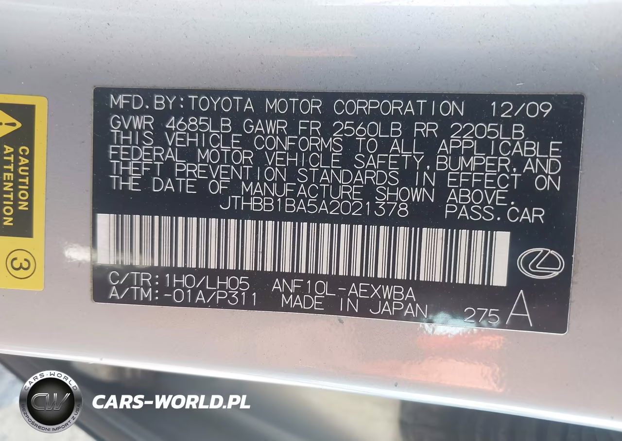 2010 Lexus Hs 250H Premium VIN:JTHBB1BA5A2021378 - 9