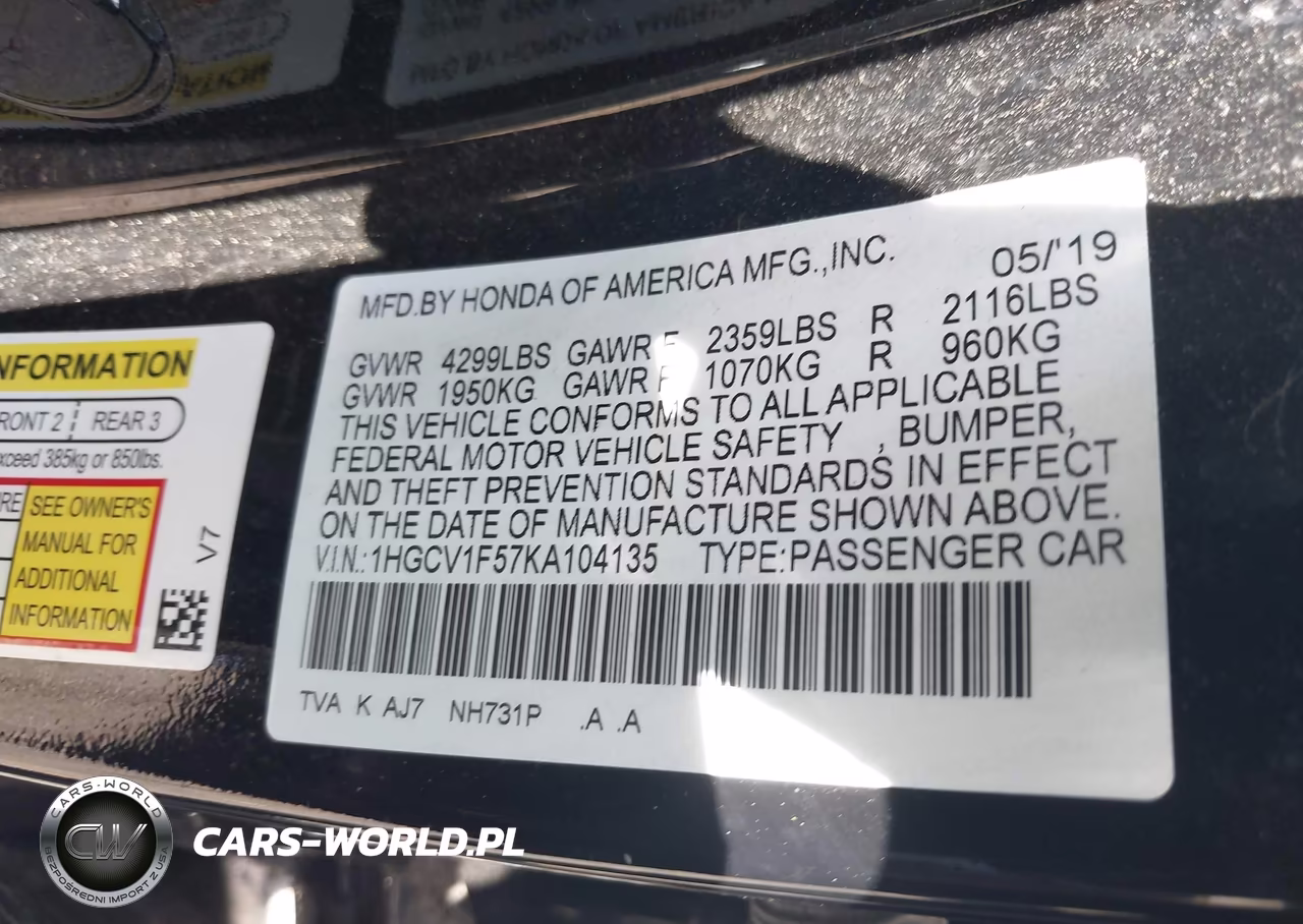 2019 Honda Accord Ex-L VIN:1HGCV1F57KA104135 - 9