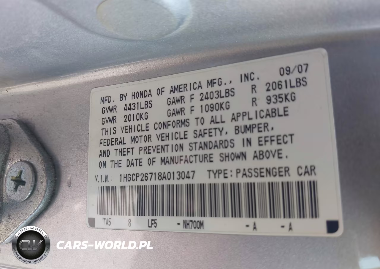 2008 Honda Accord 2.4 Ex VIN:1HGCP26718A013047 - 9