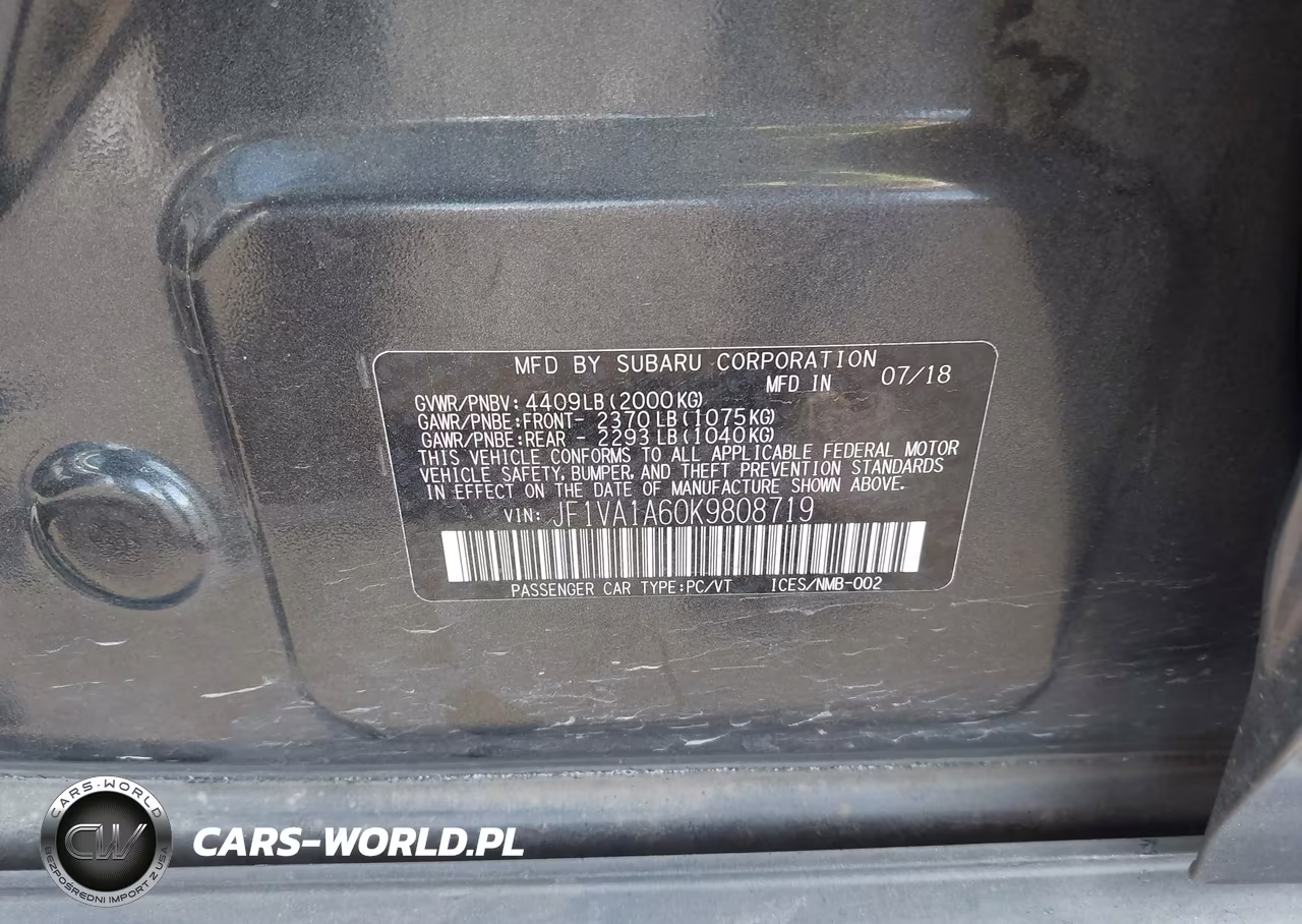 2019 Subaru Wrx VIN:JF1VA1A60K9808719 - 9