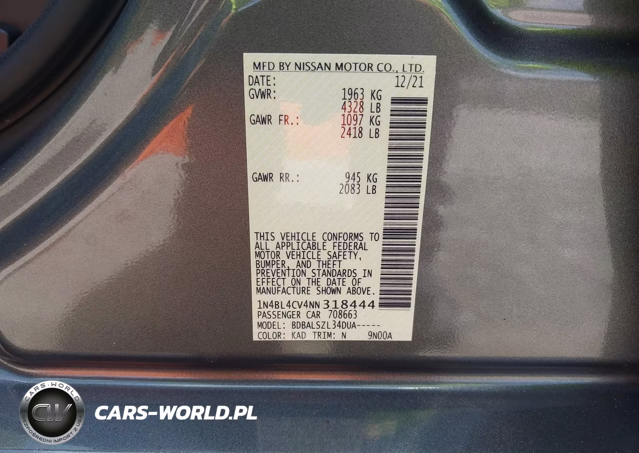 2022 Nissan Altima Sr Fwd VIN:1N4BL4CV4NN318444 - 9