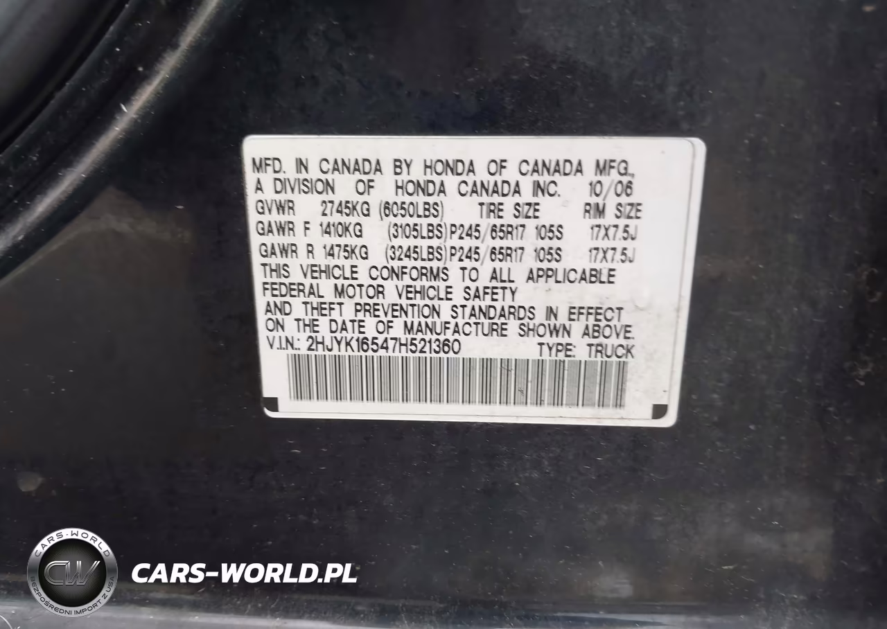 2007 Honda Ridgeline Rtl VIN:2HJYK16547H521360 - 9