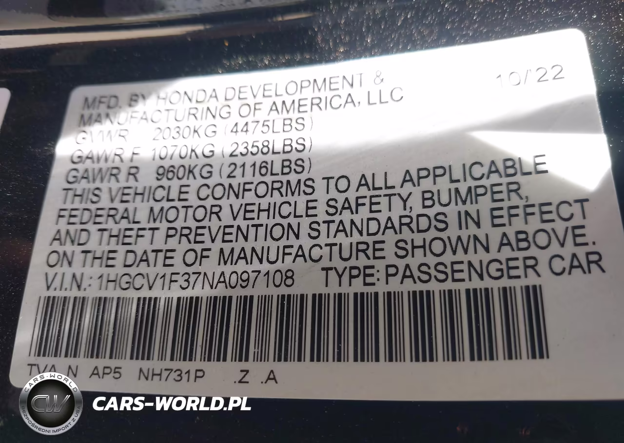 2022 Honda Accord Sport VIN:1HGCV1F37NA097108 - 9