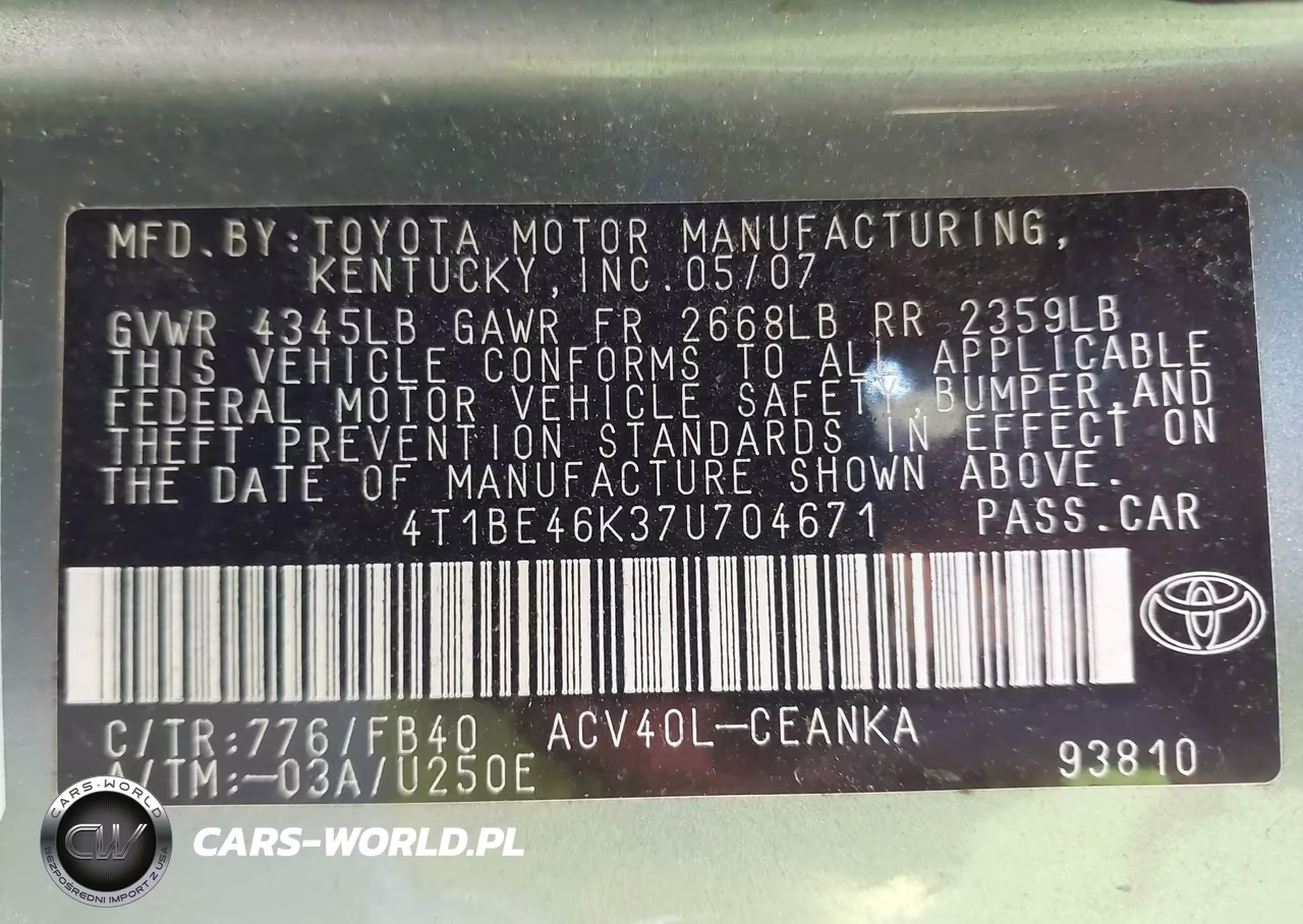 2007 Toyota Camry Le VIN:4T1BE46K37U704671 - 9