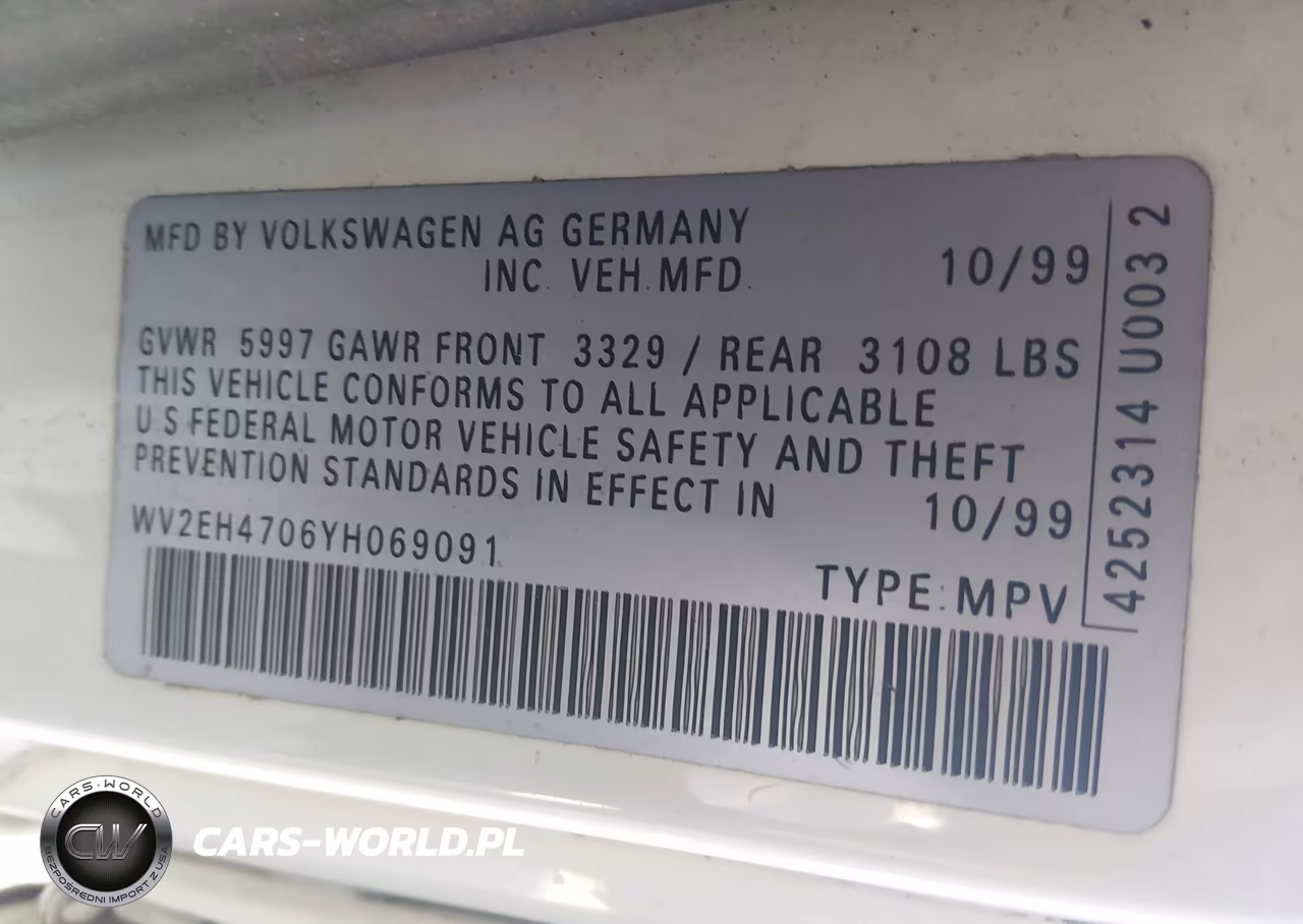 2000 Volkswagen Eurovan Mv VIN:WV2EH4706YH069091 - 9