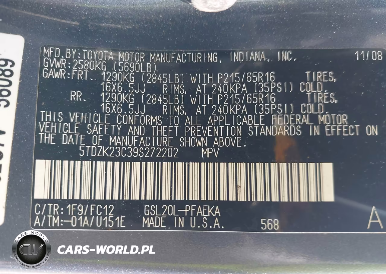 2009 Toyota Sienna Le VIN:5TDZK23C39S272202 - 9
