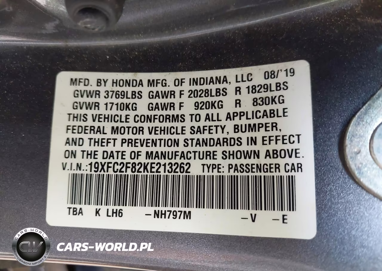 2019 Honda Civic Sport VIN:19XFC2F82KE213262 - 9