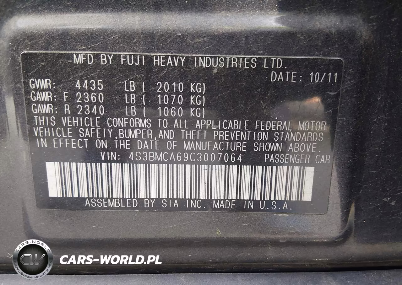 2012 Subaru Legacy 2.5I VIN:4S3BMCA69C3007064 - 9
