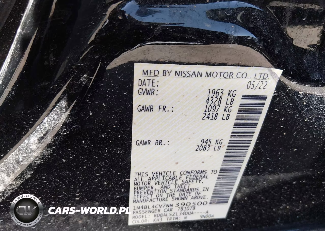 2022 Nissan Altima Sr Fwd VIN:1N4BL4CV7NN390500 - 9
