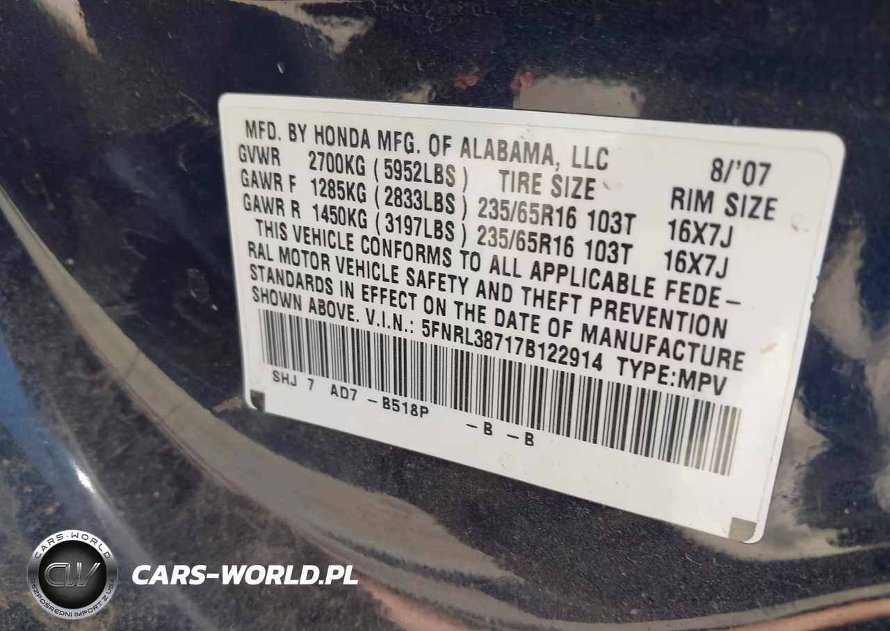 2007 Honda Odyssey Ex-L VIN:5FNRL38717B122914 - 9