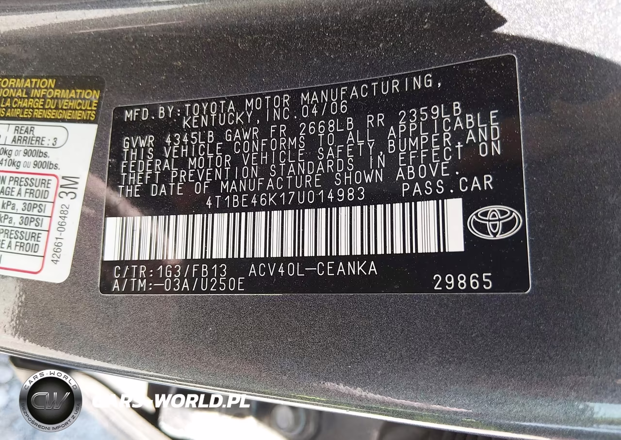 2007 Toyota Camry Le VIN:4T1BE46K17U014983 - 9