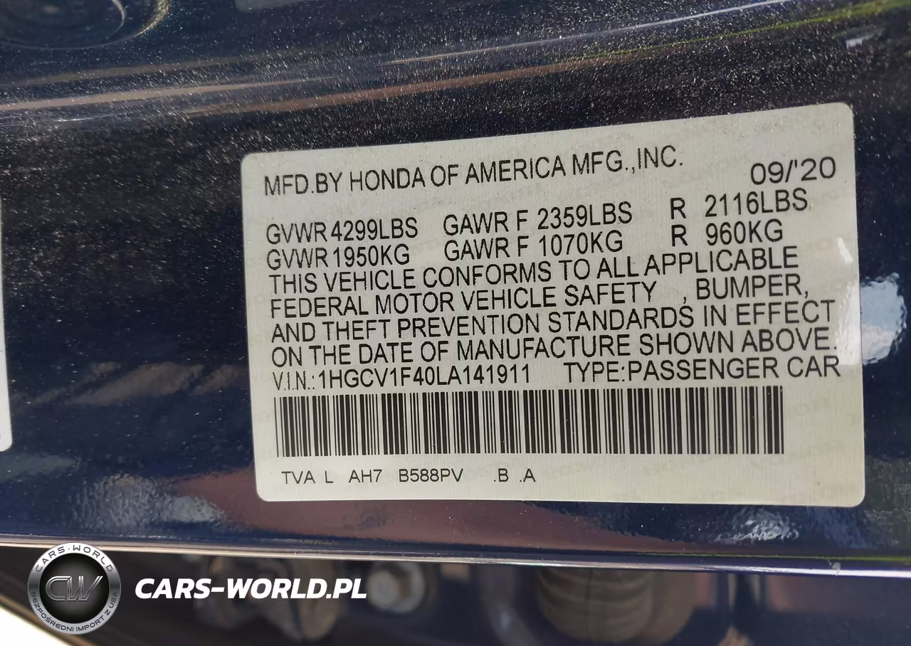 2020 Honda Accord Ex VIN:1HGCV1F40LA141911 - 9