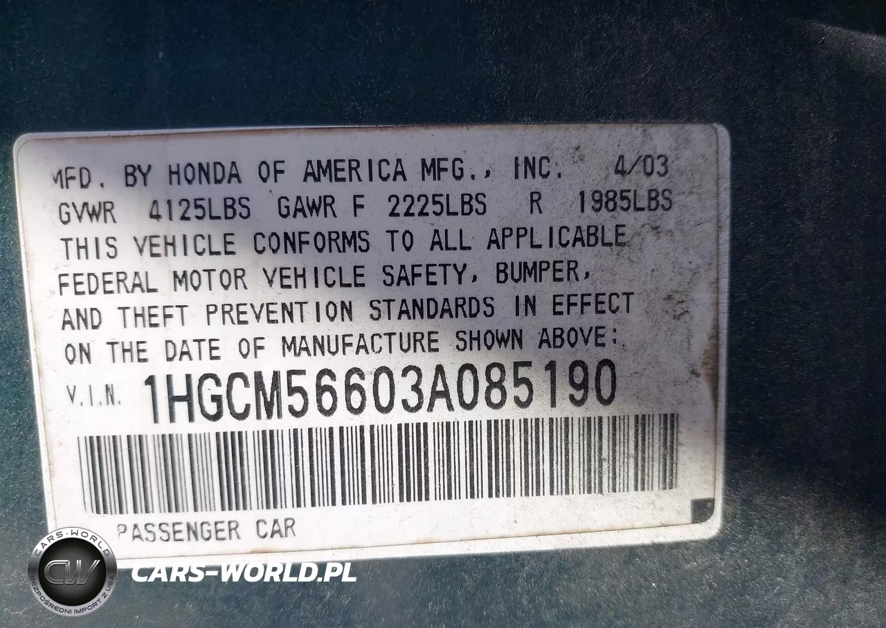 2003 Honda Accord 2.4 Ex VIN:1HGCM56603A085190 - 9