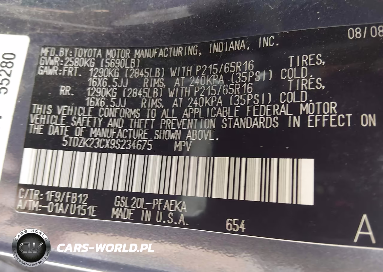 2009 Toyota Sienna Ce VIN:5TDZK23CX9S234675 - 9