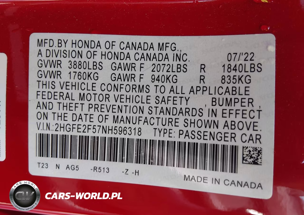 2022 Honda Civic Sport VIN:2HGFE2F57NH596318 - 9