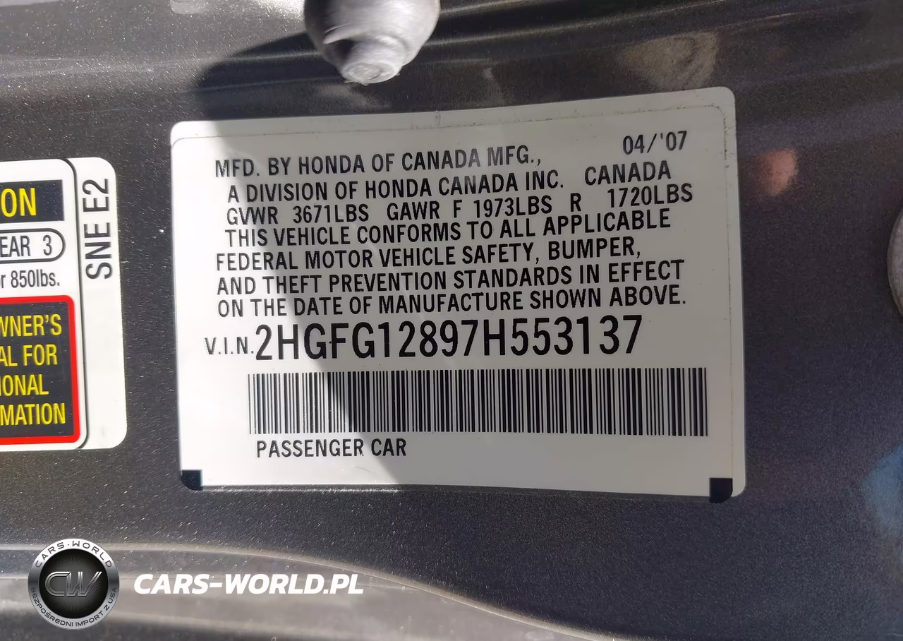 2007 Honda Civic Ex VIN:2HGFG12897H553137 - 9