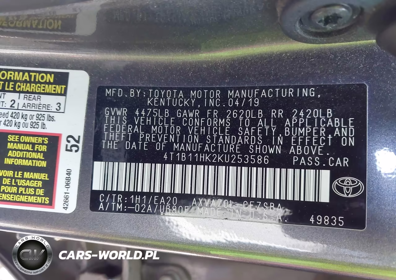 2019 Toyota Camry Se VIN:4T1B11HK2KU253586 - 9