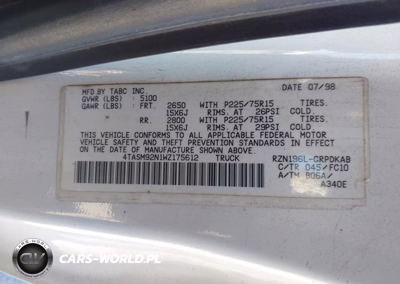 1998 Toyota Tacoma Prerunner VIN:4TASM92N1WZ175612 - 9