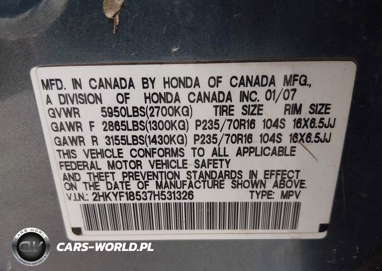 2007 Honda Pilot Ex-L VIN:2HKYF18537H531326 - 9