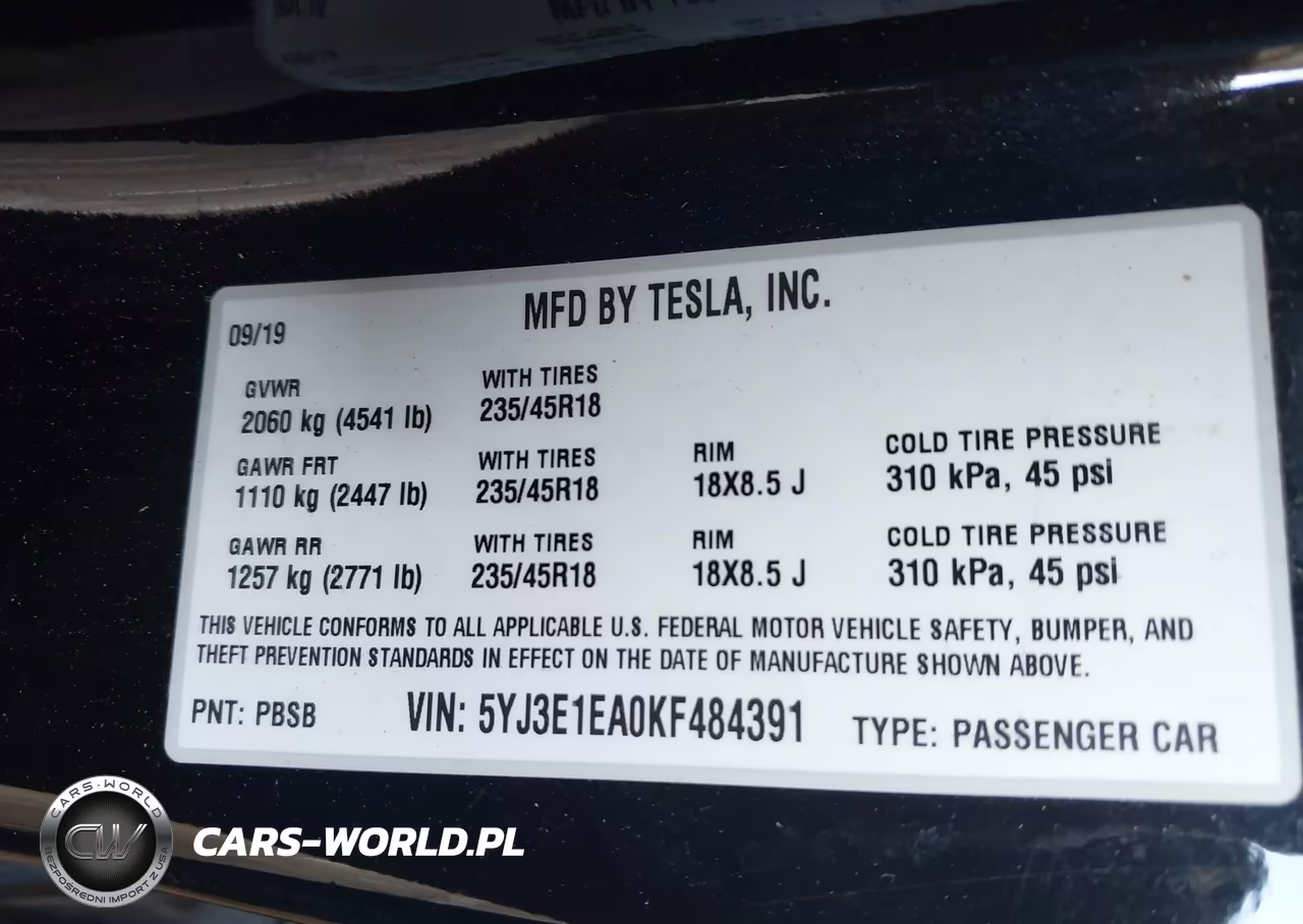 2019 Tesla Model 3 Long Range-Mid Range-Standard Range-Standard Range Plus VIN:5YJ3E1EA0KF484391 - 9