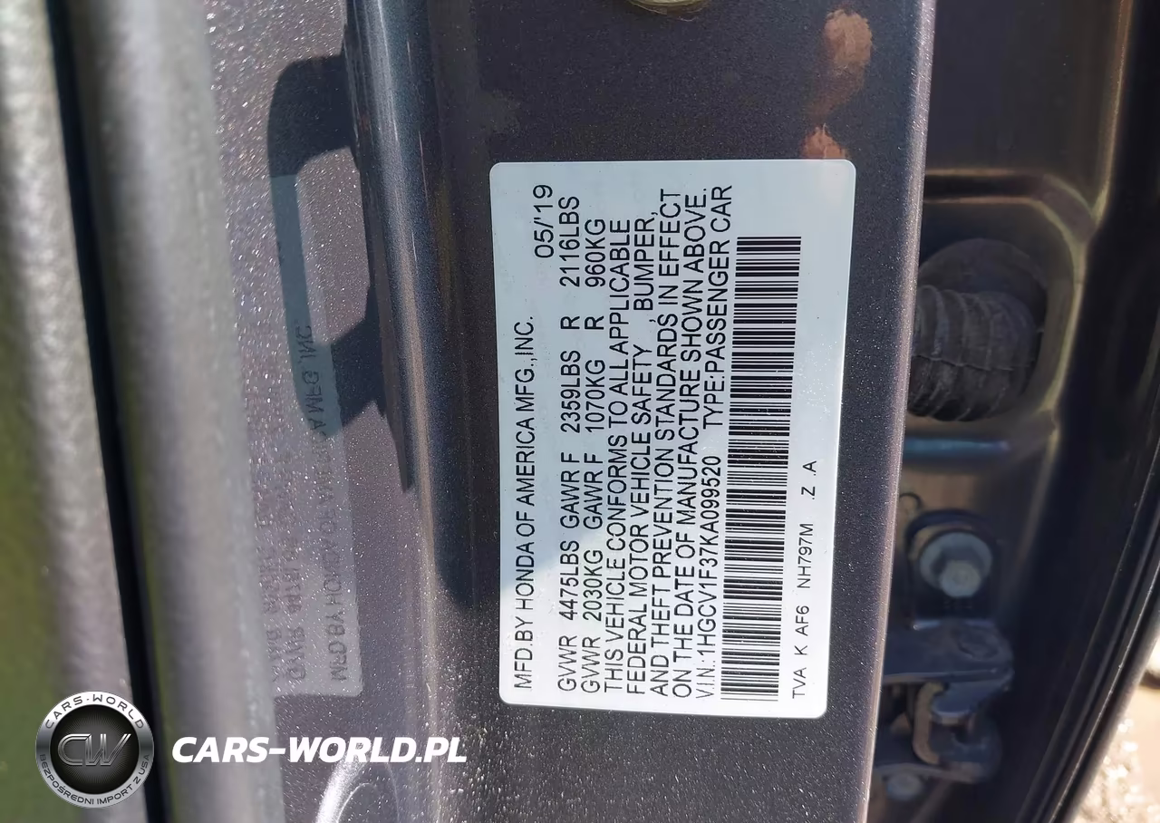 2019 Honda Accord Sport VIN:1HGCV1F37KA099520 - 9