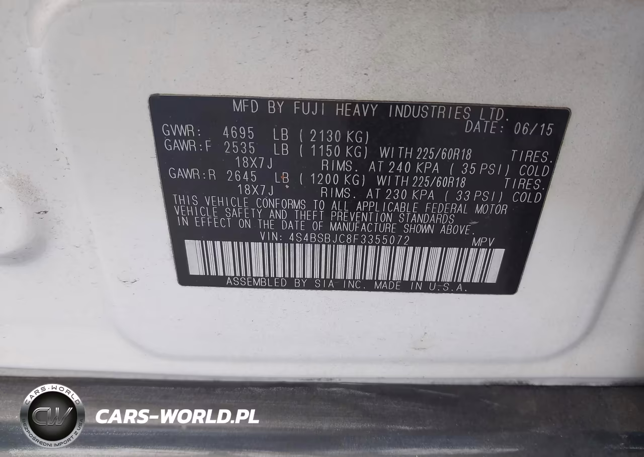 2015 Subaru Outback 2.5I Limited VIN:4S4BSBJC8F3355072 - 9