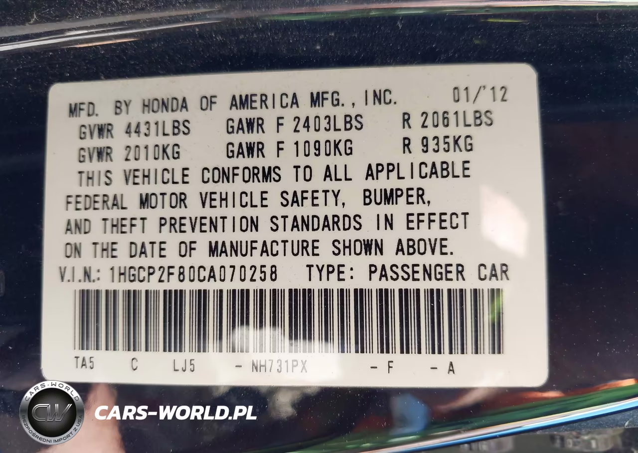2012 Honda Accord 2.4 Ex-L VIN:1HGCP2F80CA070258 - 9