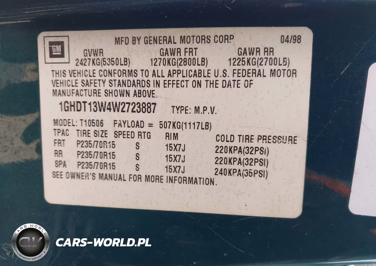 1998 Oldsmobile Bravada VIN:1GHDT13W4W2723887 - 9