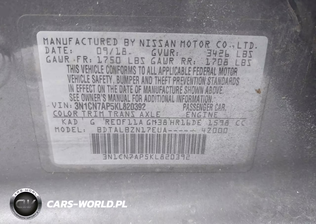 2019 Nissan Versa 1.6 Sv VIN:3N1CN7AP5KL820392 - 9
