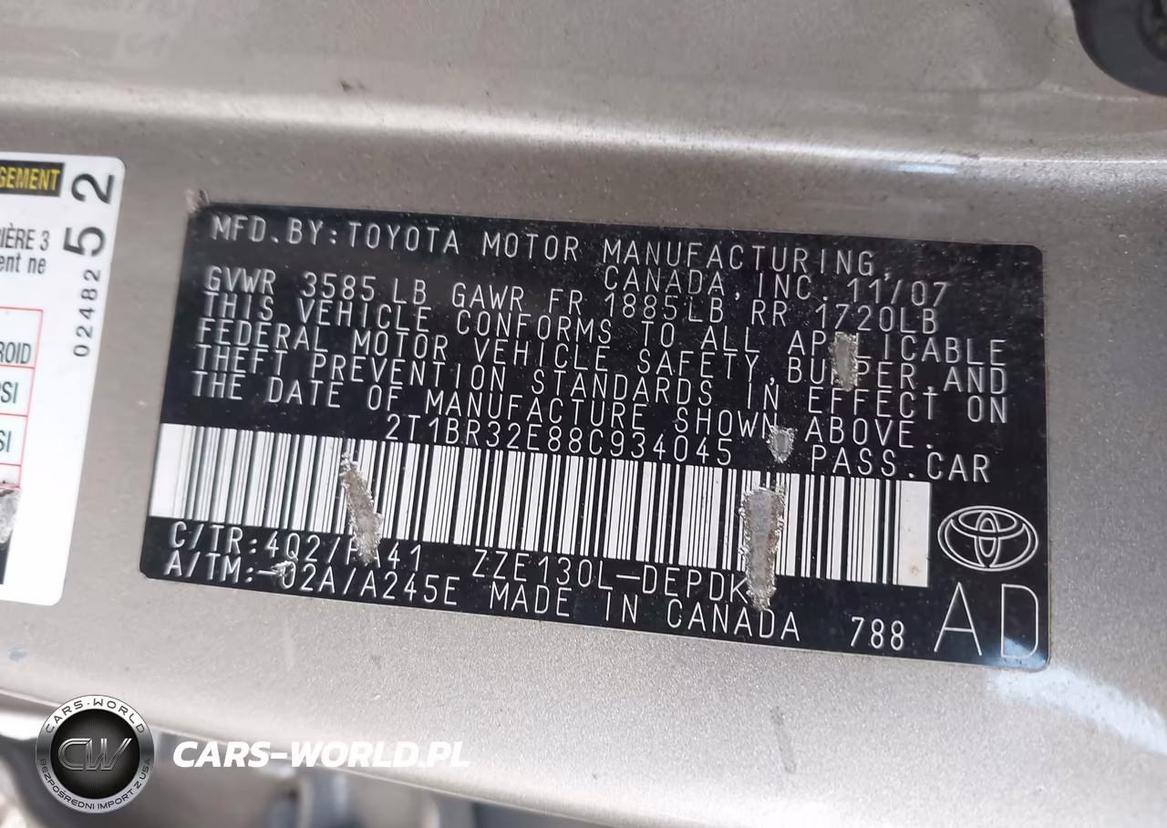 2008 Toyota Corolla Ce VIN:2T1BR32E88C934045 - 9