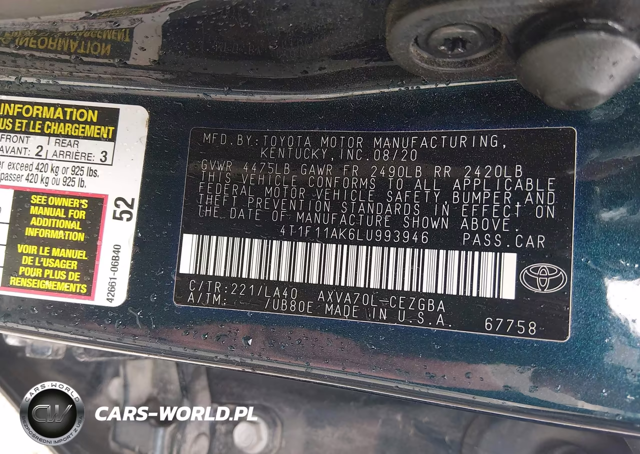 2020 Toyota Camry Xle VIN:4T1F11AK6LU993946 - 9