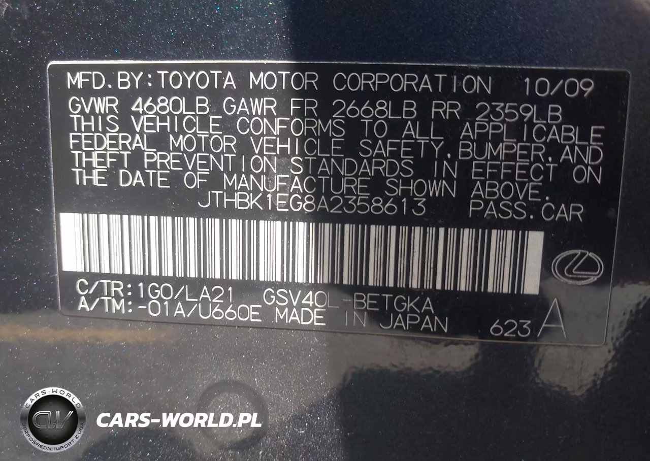 2010 Lexus Es 350 VIN:JTHBK1EG8A2358613 - 9