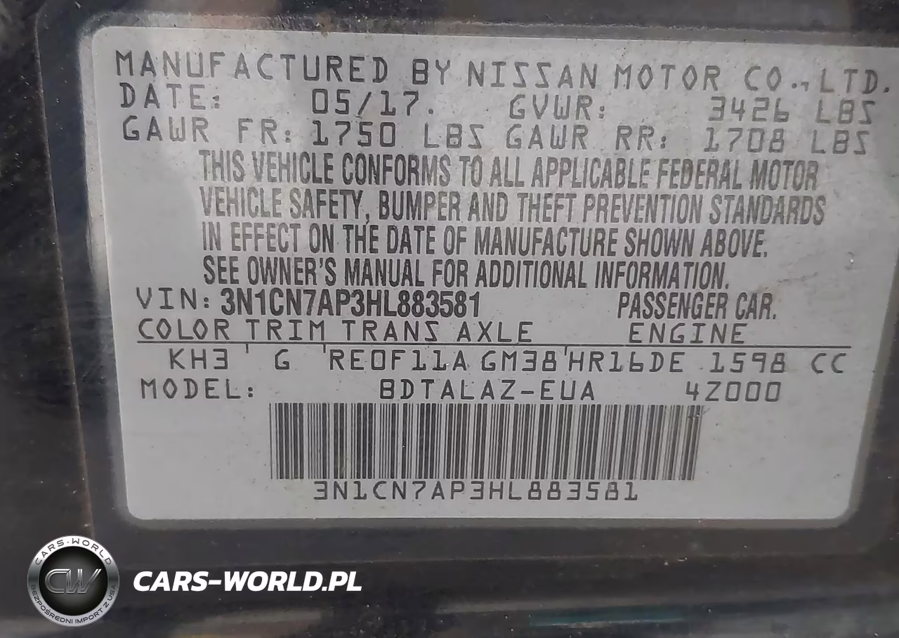 2017 Nissan Versa 1.6 S+ VIN:3N1CN7AP3HL883581 - 9