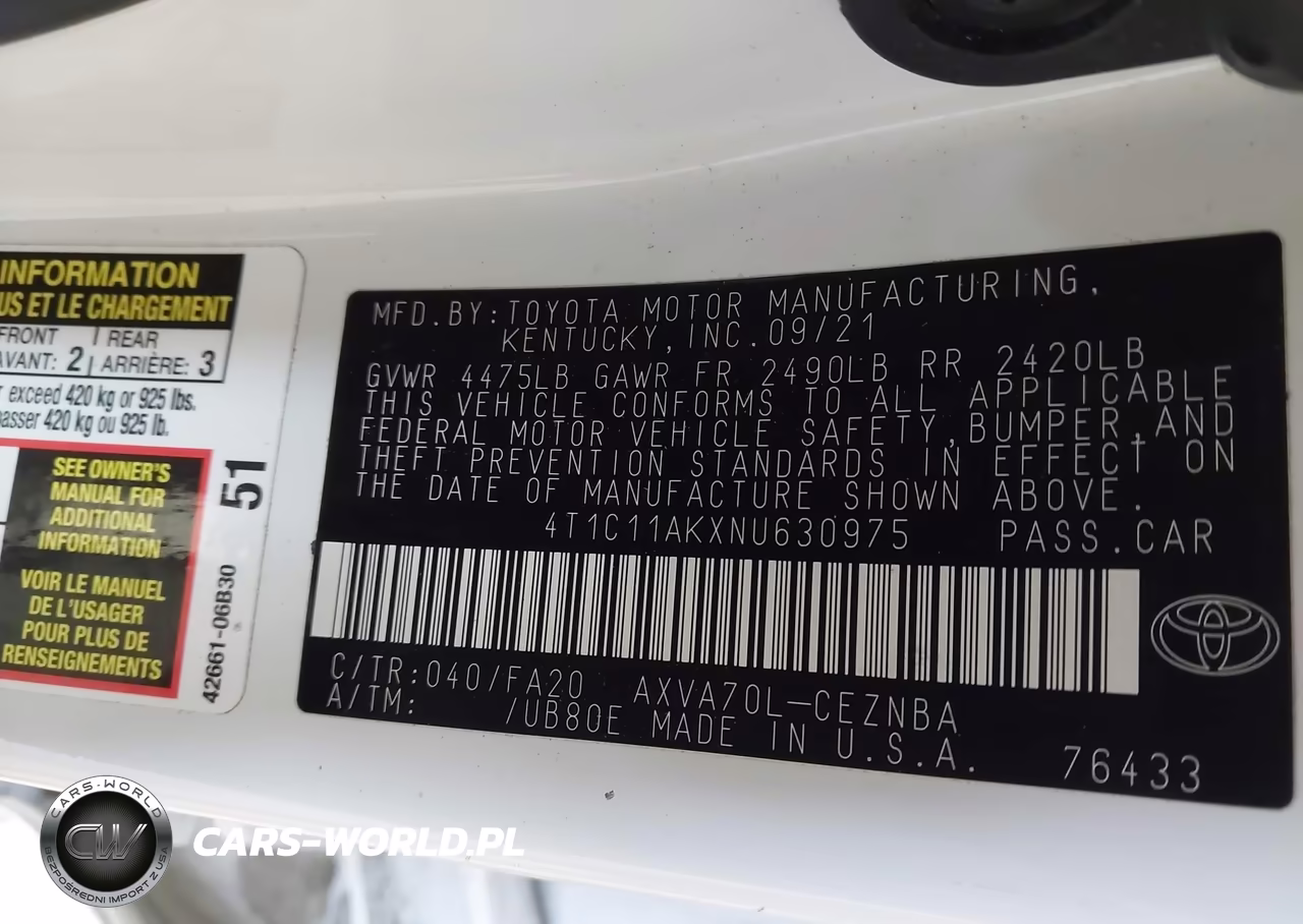 2022 Toyota Camry Le VIN:4T1C11AKXNU630975 - 9