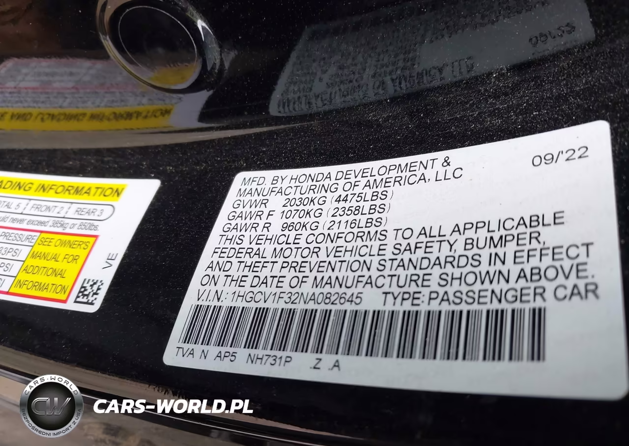 2022 Honda Accord Sport VIN:1HGCV1F32NA082645 - 9