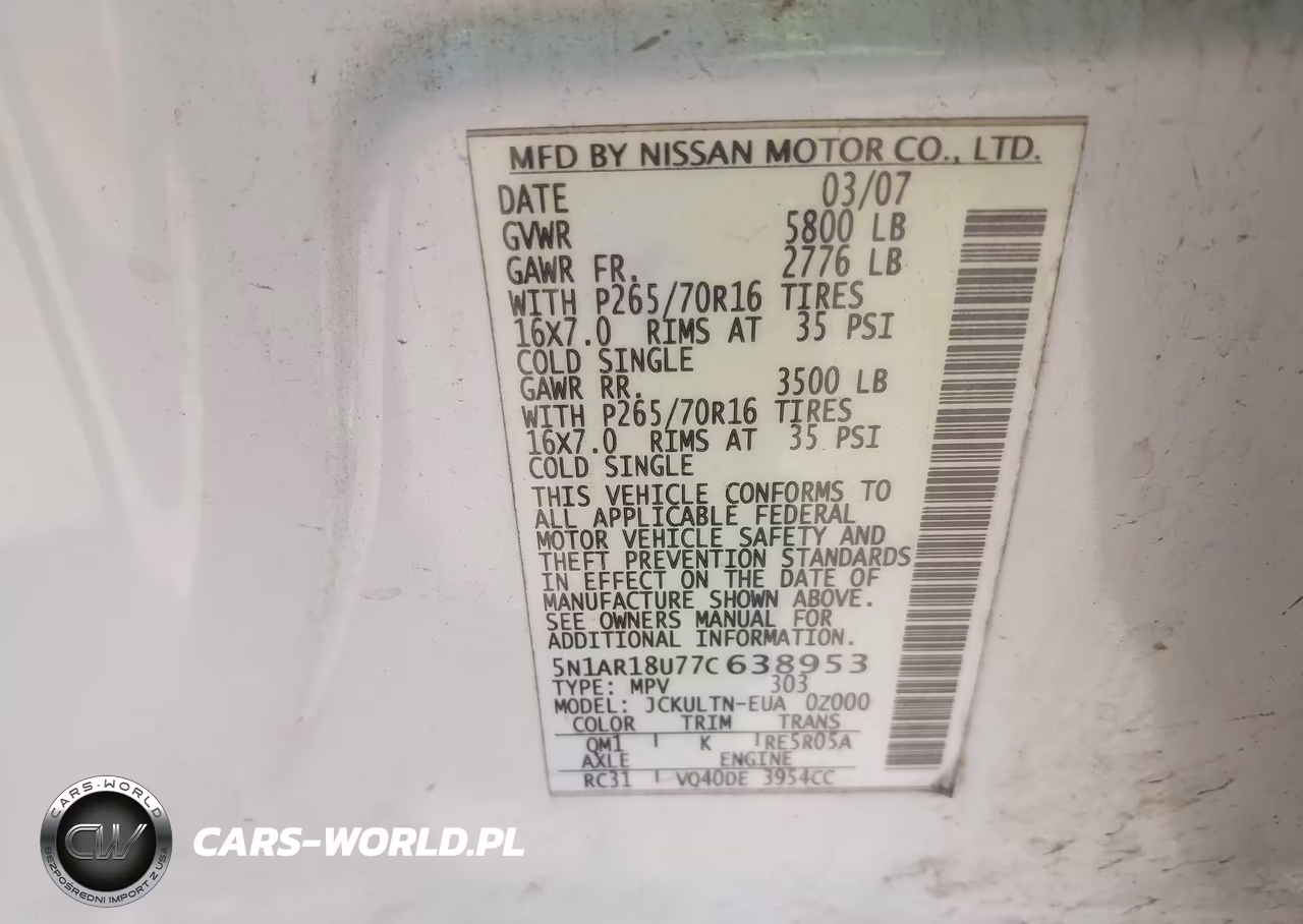 2007 Nissan Pathfinder Se VIN:5N1AR18U77C638953 - 9