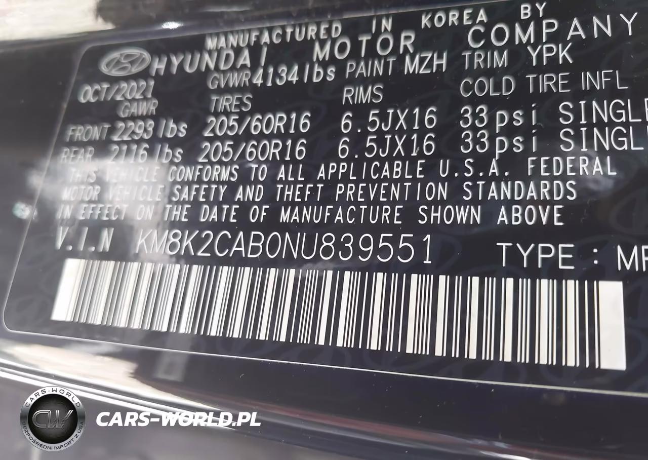 2022 Hyundai Kona Se VIN:KM8K2CAB0NU839551 - 9