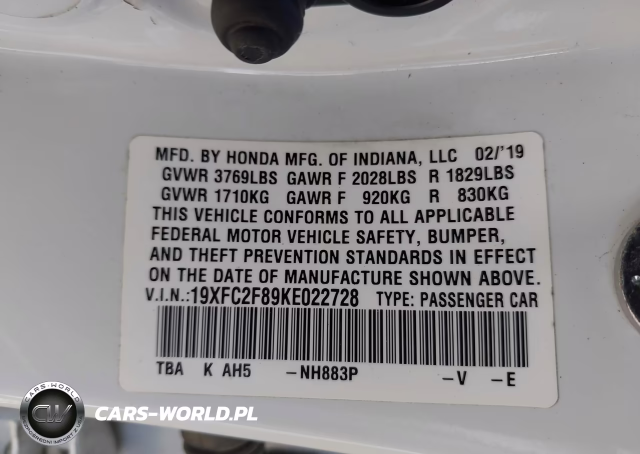 2019 Honda Civic Sport VIN:19XFC2F89KE022728 - 9