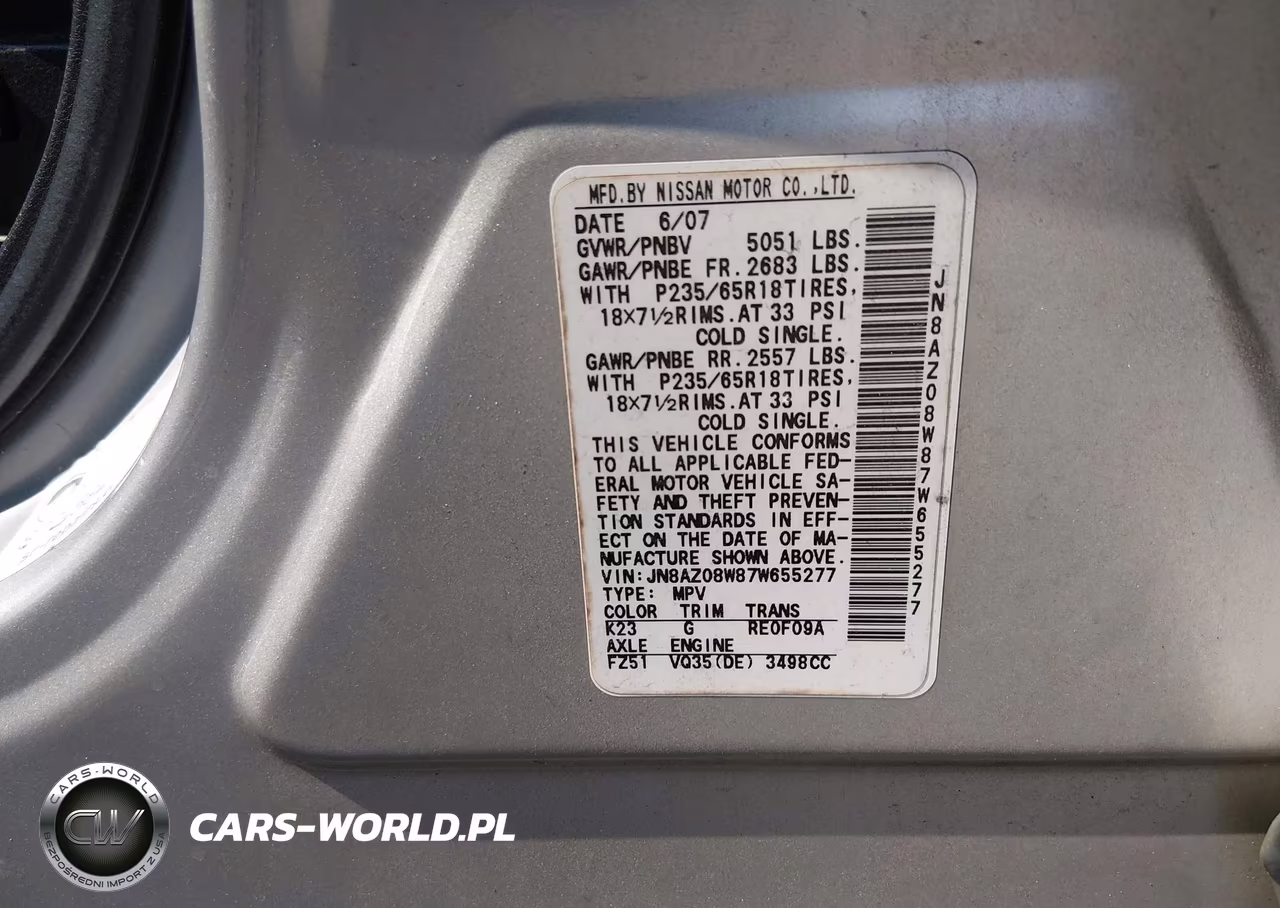 2007 Nissan Murano Sl VIN:JN8AZ08W87W655277 - 9