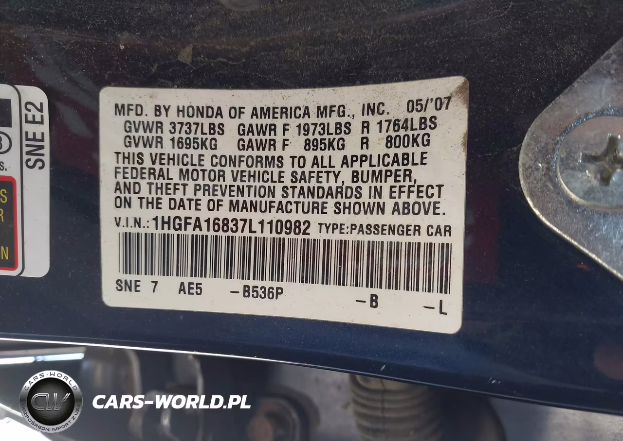 2007 Honda Civic Ex VIN:1HGFA16837L110982 - 9