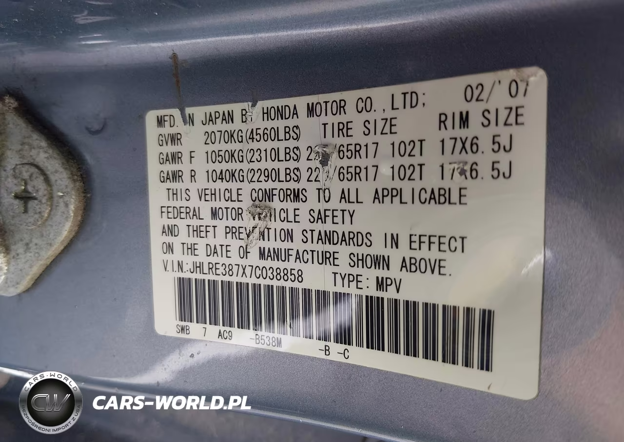 2007 Honda Cr-V Ex-L VIN:JHLRE387X7C038858 - 9
