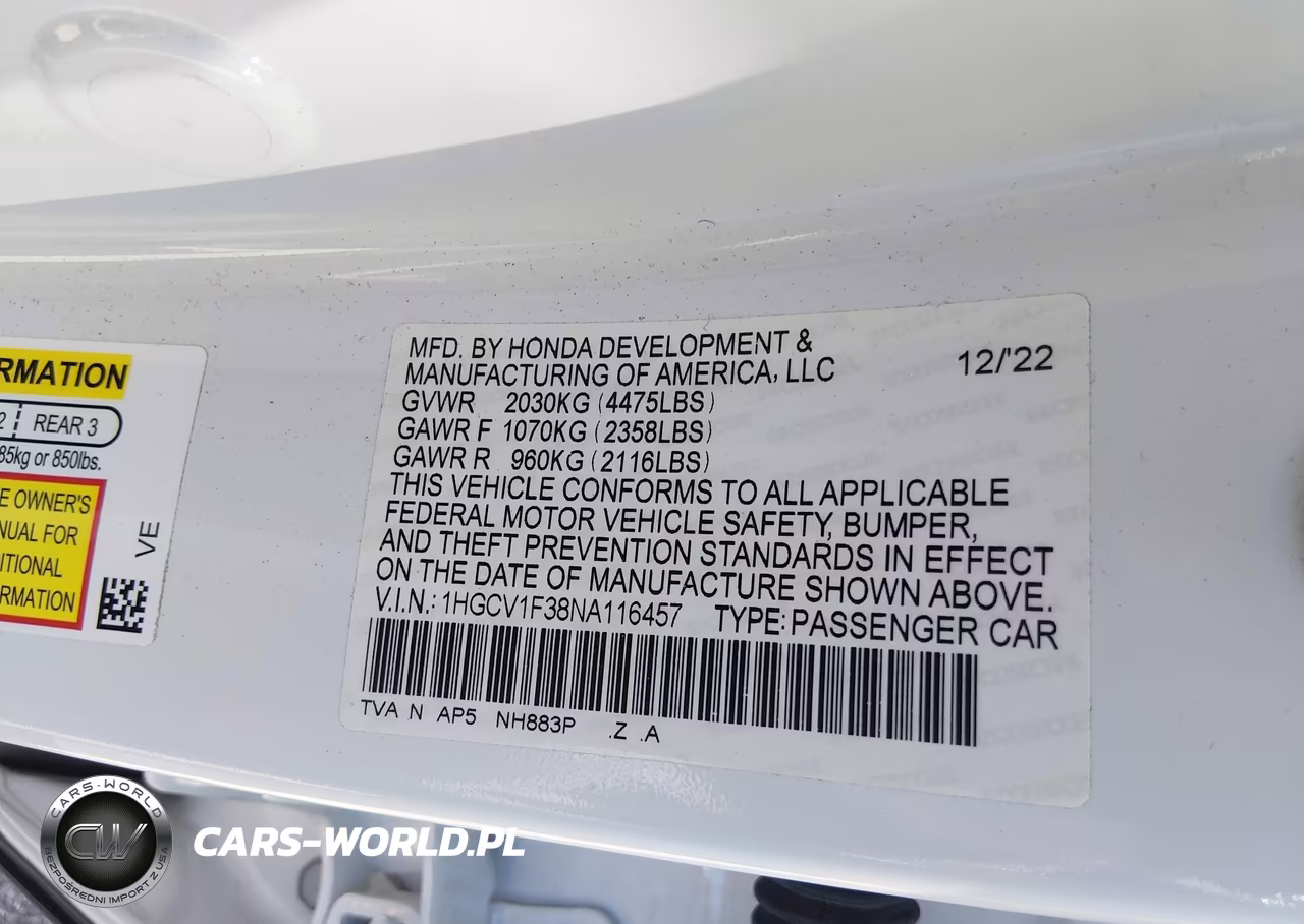 2022 Honda Accord Sport VIN:1HGCV1F38NA116457 - 9