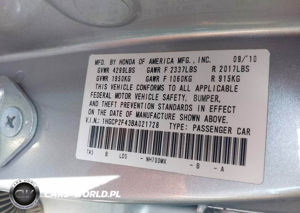 2011 Honda Accord 2.4 Lx-P VIN:1HGCP2F43BA021728 - 9