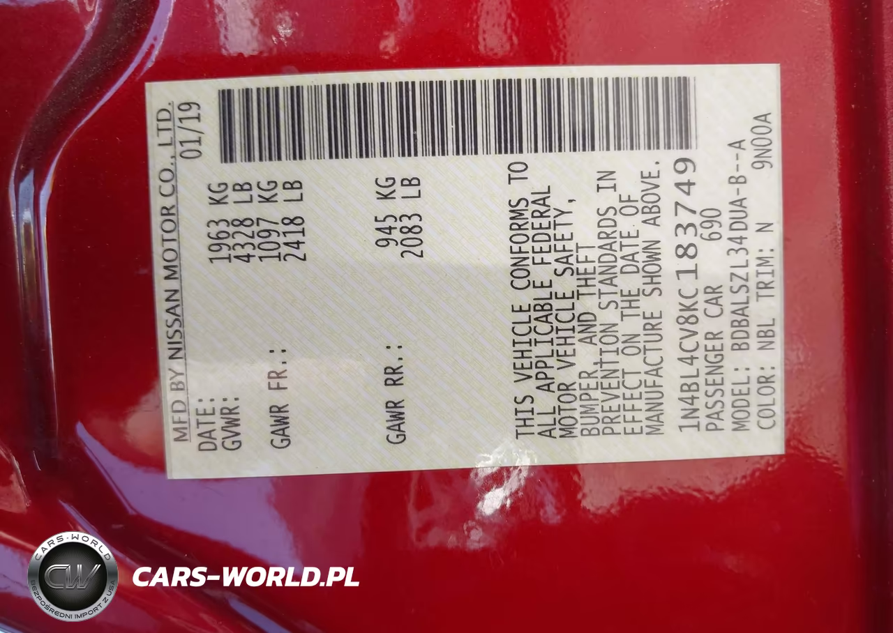 2019 Nissan Altima 2.5 Sr VIN:1N4BL4CV8KC183749 - 9