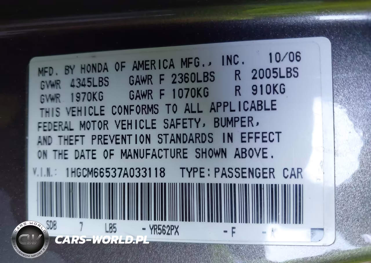 2007 Honda Accord 3.0 Ex VIN:1HGCM66537A033118 - 9