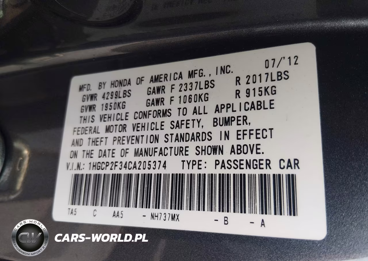 2012 Honda Accord Sdn Lx VIN:1HGCP2F34CA205374 - 9