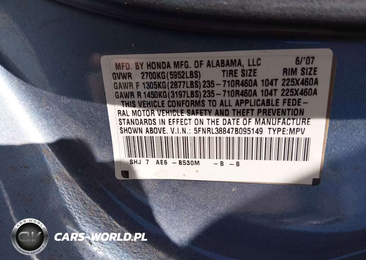 2007 Honda Odyssey Touring VIN:5FNRL38847B095149 - 9