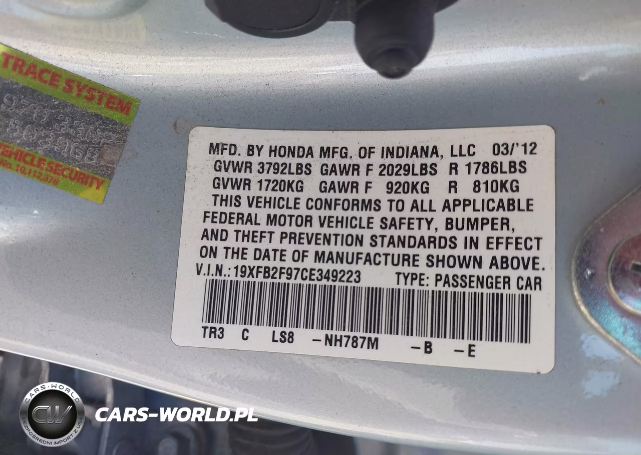 2012 Honda Civic Exl VIN:19XFB2F97CE349223 - 9