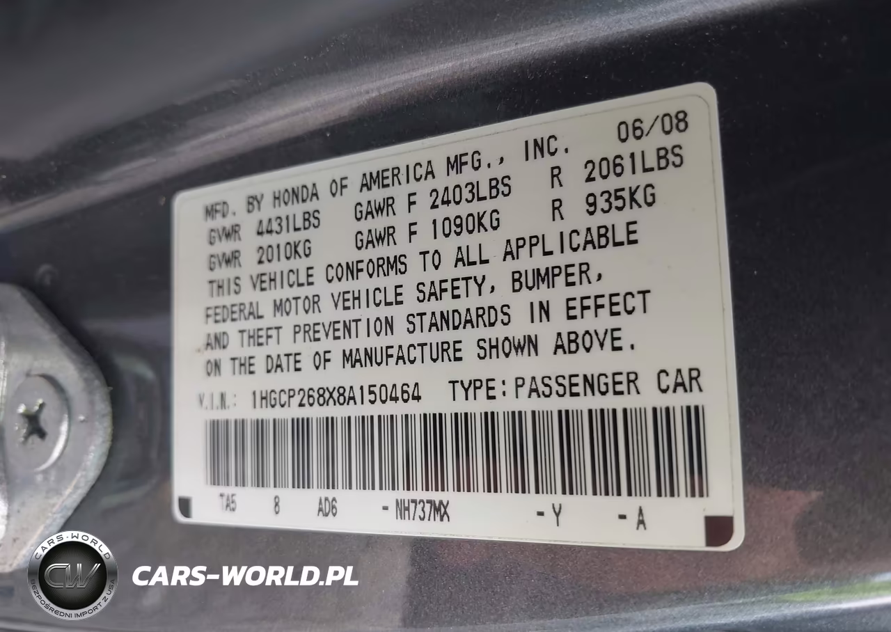 2008 Honda Accord 2.4 Ex-L VIN:1HGCP268X8A150464 - 9