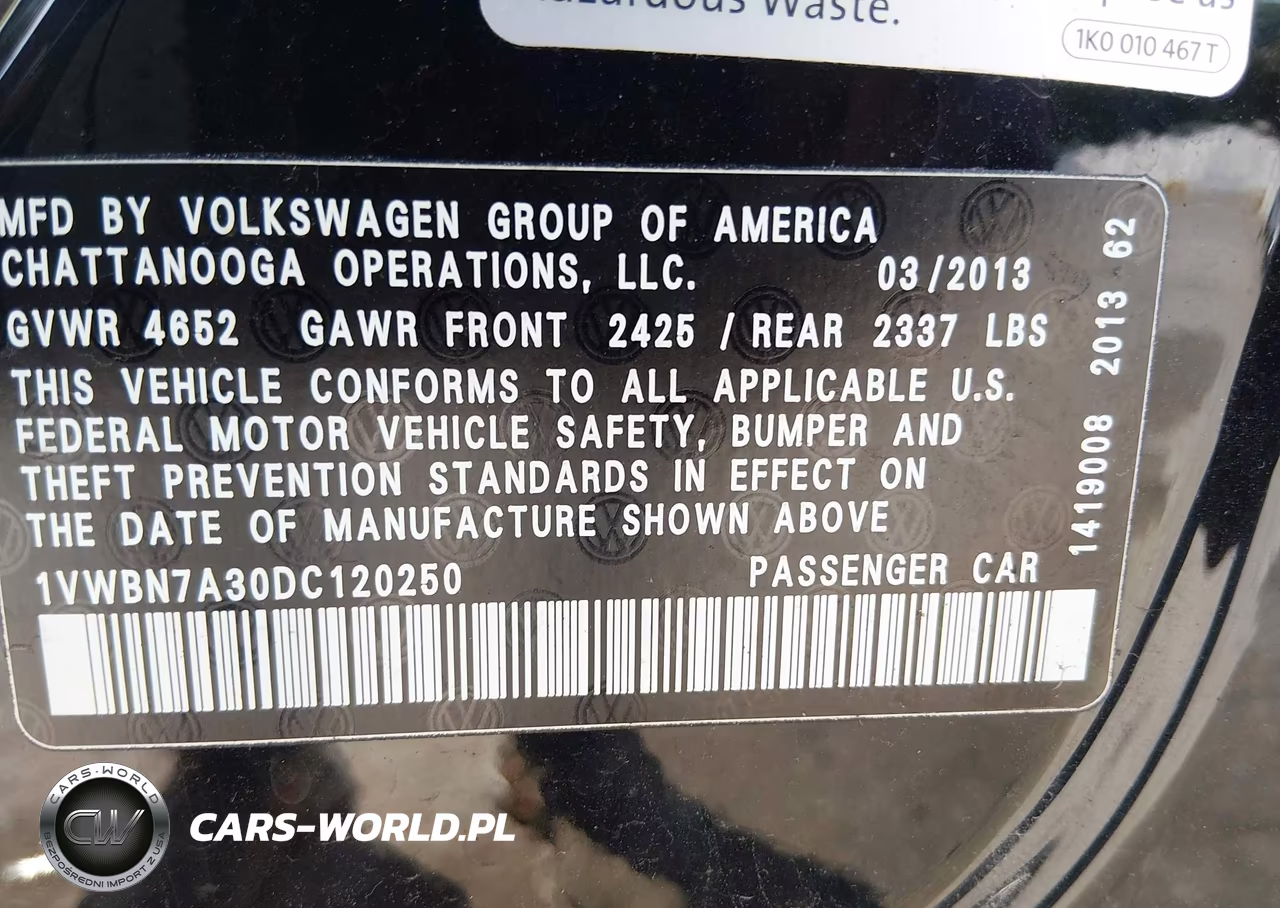 2013 Volkswagen Passat 2.0L Tdi Se VIN:1VWBN7A30DC120250 - 9